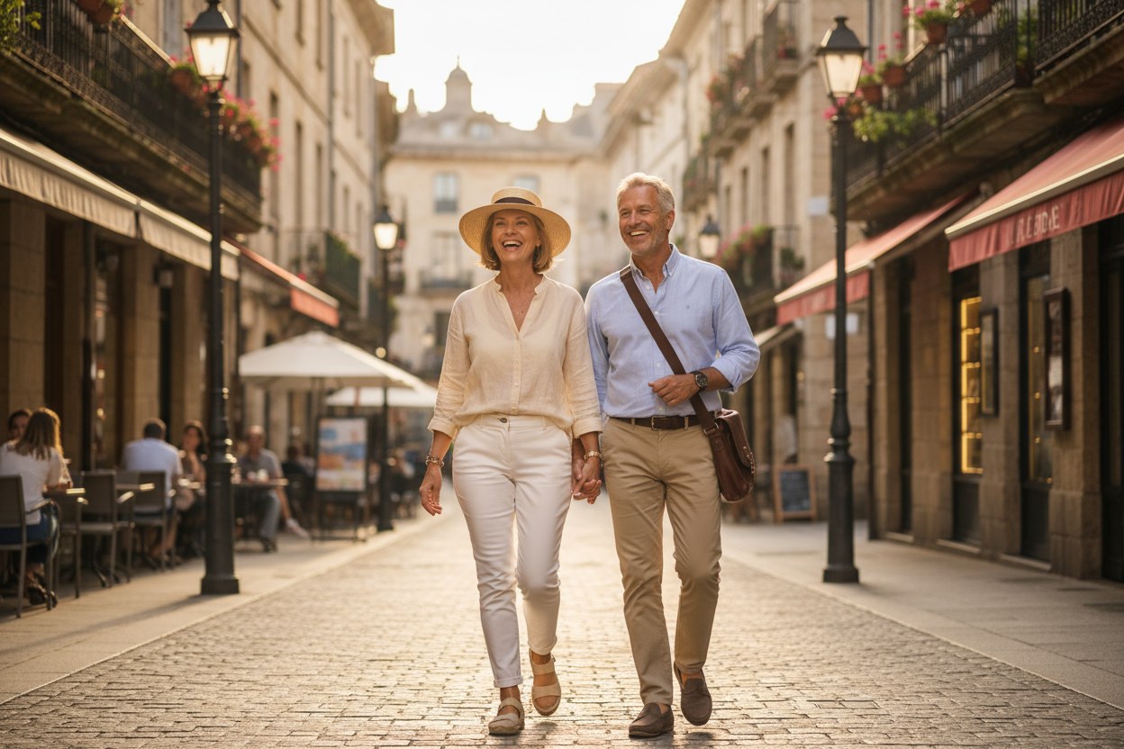 50+ Frau bummelt durch die Stadt mit ihrem Mann