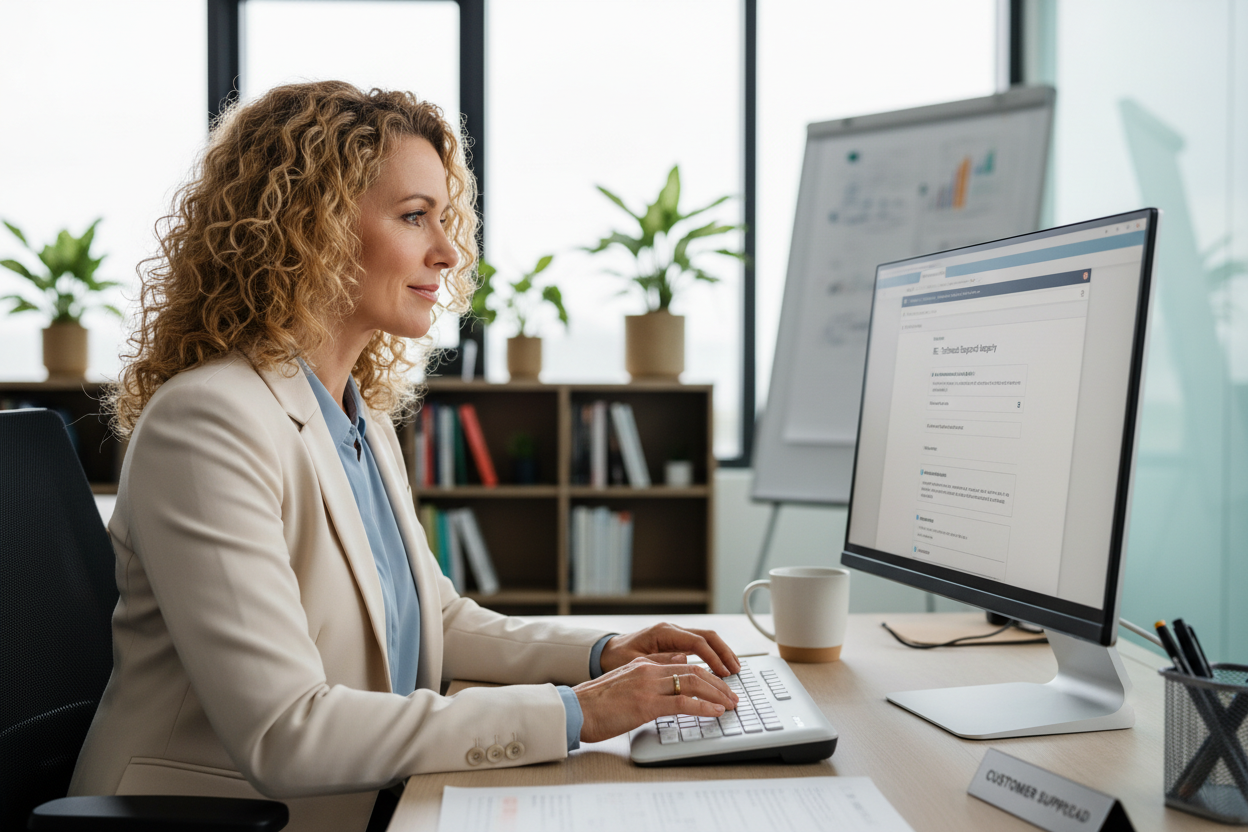 Curly blonde 40+ woman writing email support