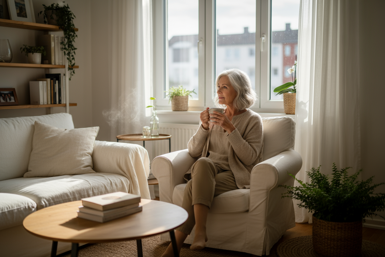 „Deutsche Frau über 60 in heller, gemütlicher Wohnung. Sie wirkt entspannt, zufrieden und ruhig, sitzt mit einer Tasse Tee am Tisch oder am Fenster, sanftes Tageslicht, warme Farben, natürliche Umgebung. Die Szene vermittelt Leichtigkeit, Komfort und Alltagstauglichkeit – nichts wirkt gestellt oder technisch. Stil: realistisches Lifestyle-Foto, klare Komposition, Gefühl von Vertrauen und Einfachheit.