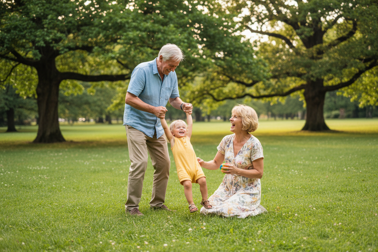 deutsche Großeltern mit Kind im Park, Spielen 