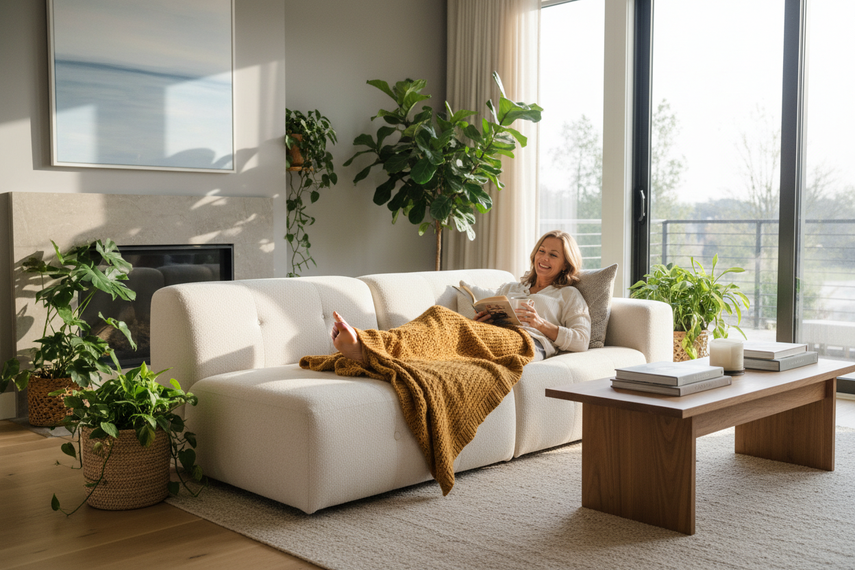 woman 50 + genießt den Tag auf dem Soga 