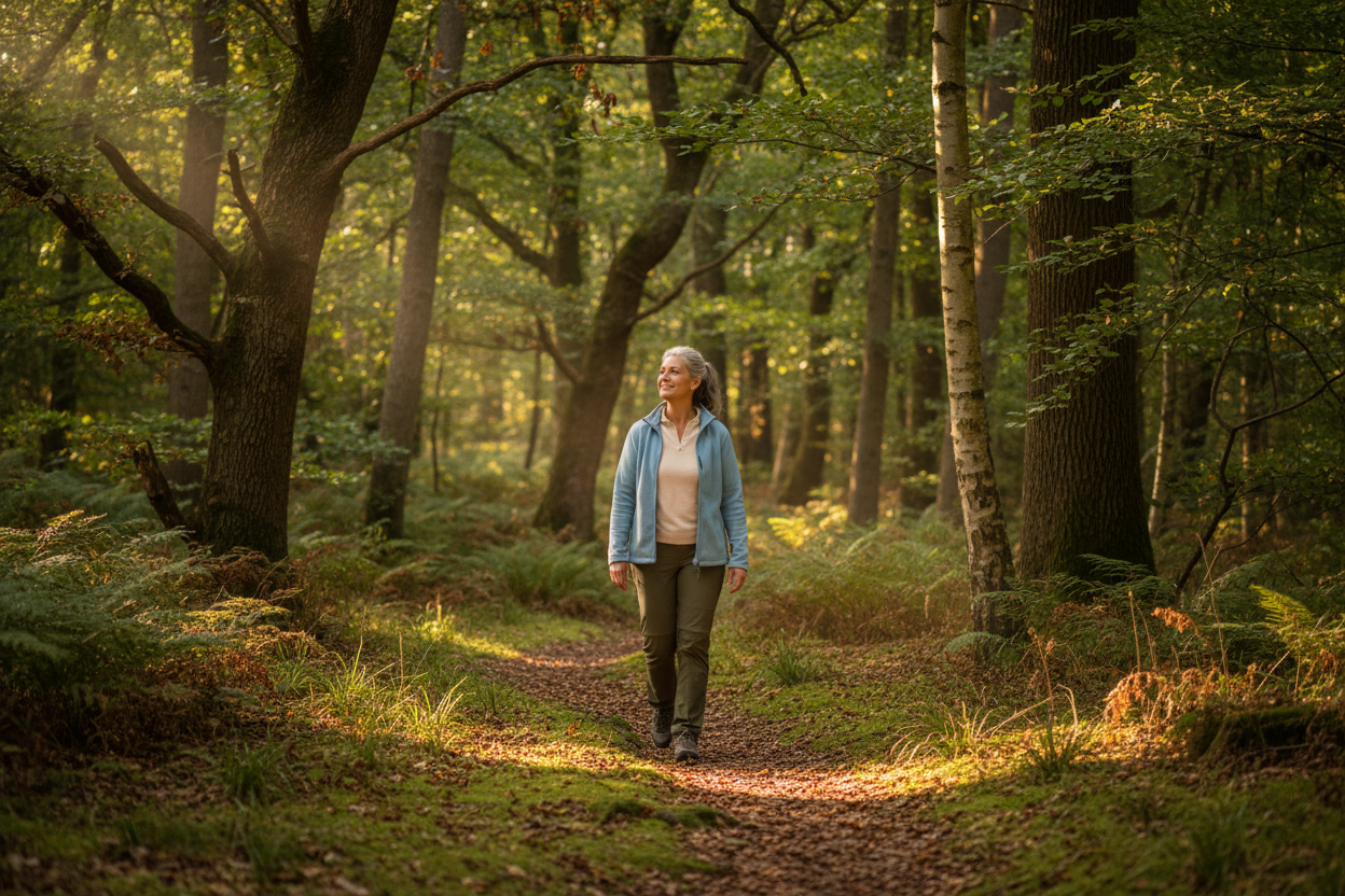 woman 50+ stroll trouh the woods